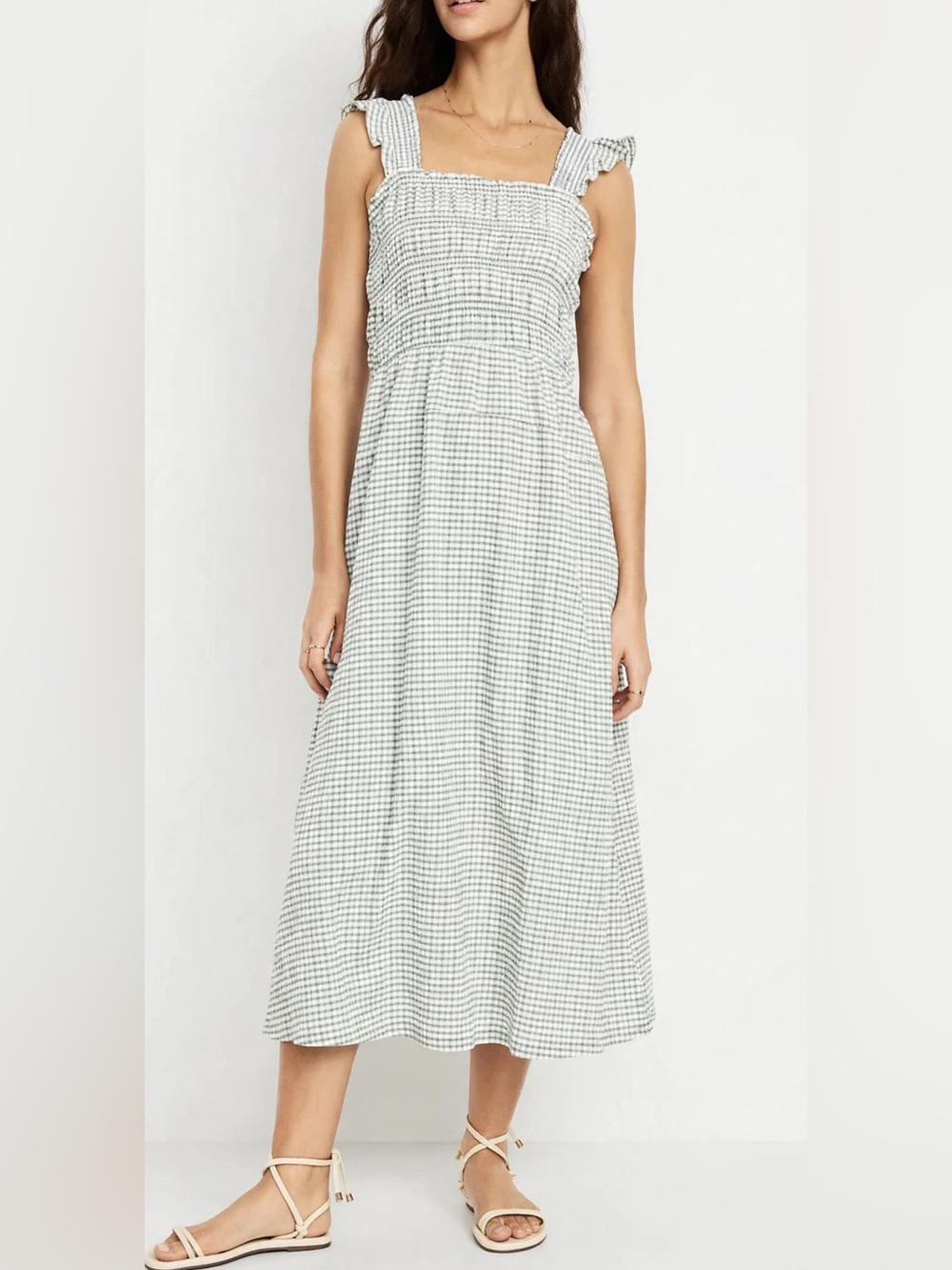 Old Navy Green Gingham Smocked Midi Dress M Tall Ruffle Cottagecore